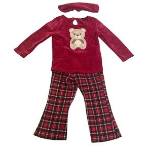 Pink & Violet Red Bear Sweater with Red and Blk Plaid Bellbottom Pants. Size: 2T